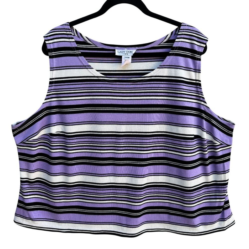 Lady Dorby Womens 24W Knit Sleeveless‎ Stretch Crop Purple Black Striped Blouse